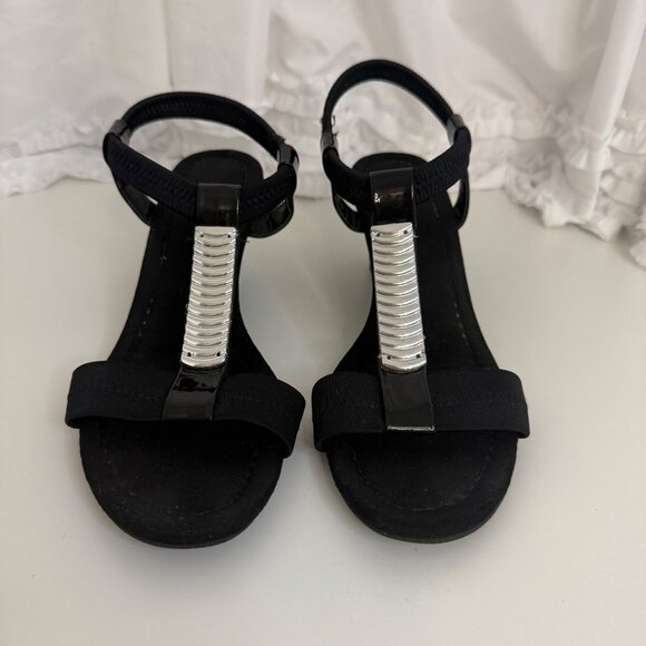 Laura Scott Black Wedge Sandals With Silver Accent & Elastic Straps Size 9 - Picture 2 of 6